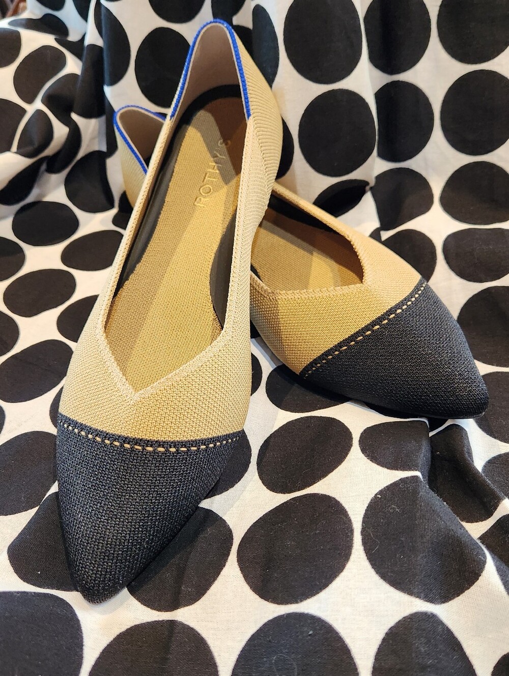 Rothy's Two-Tone Pointed Toe Flats in Beige and Black